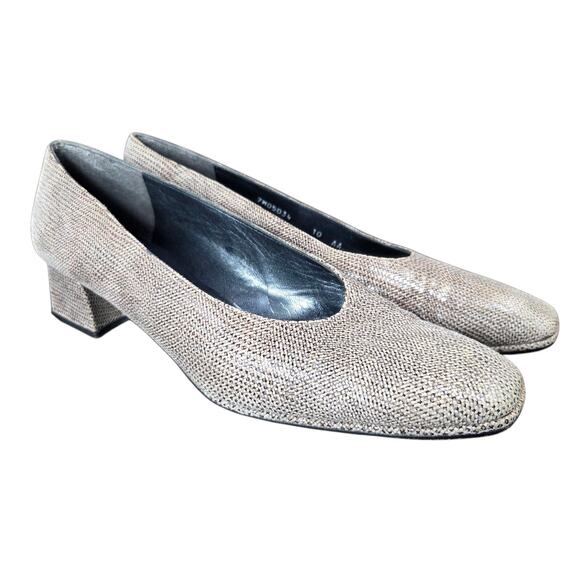 Stuart Weitzman Houndstooth Leather Slip Grey Square Italy Chunky Heel VTG Sz 10 - Picture 1 of 12